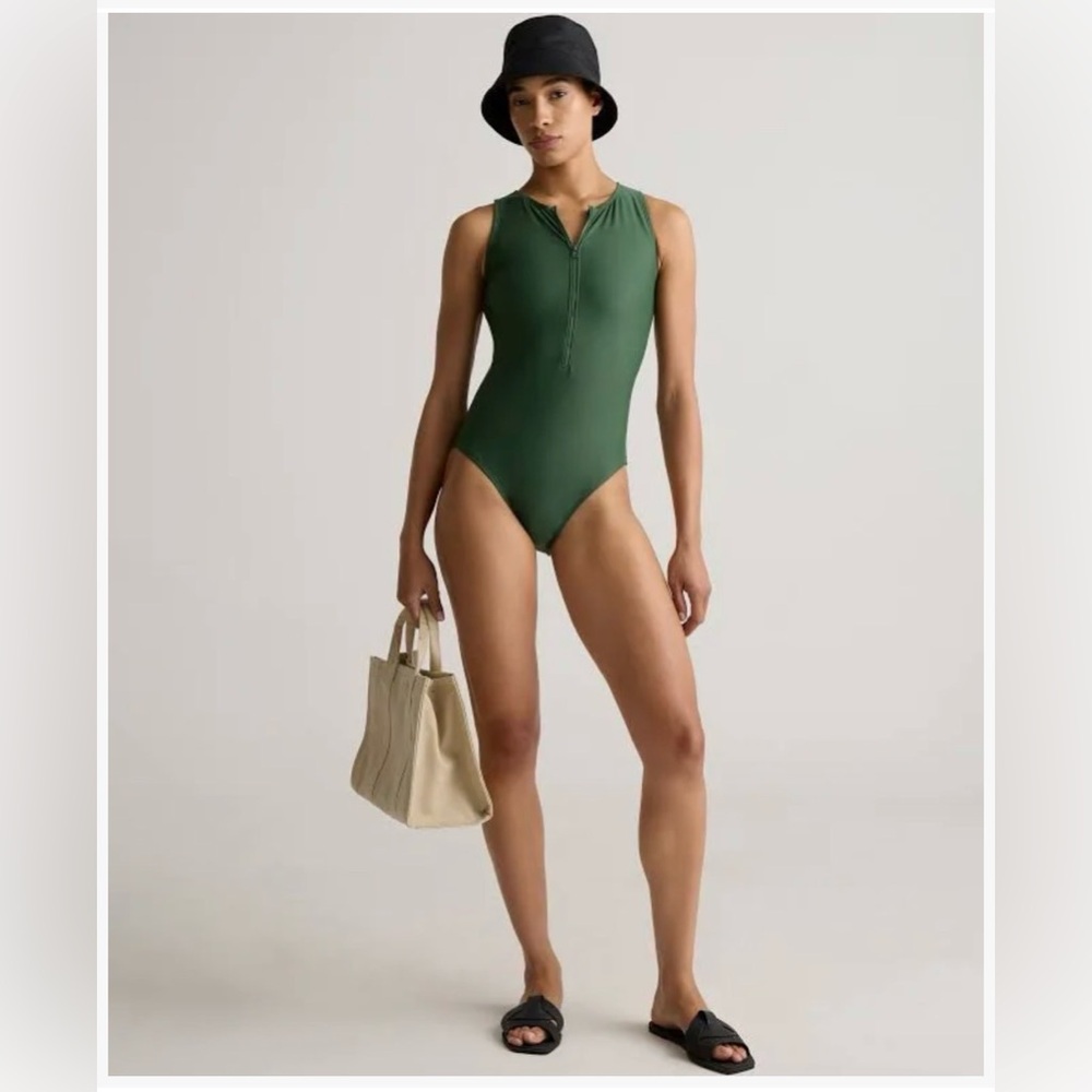 Quince High Neck Zip Front One Piece Swimsuit Green small